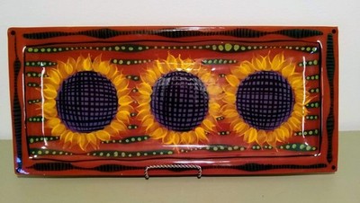 VTG Handmade and Hand Painted Sunflower Serving Tray Dish signed Alli Cat