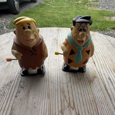 Vintage Flintstones Wind-up Toys Pair Cartoon Characters Brown Orange