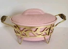 Vintage Bauer Pottery #463 Speckled Pink Oval Baker w/ Brass Frame Casserole