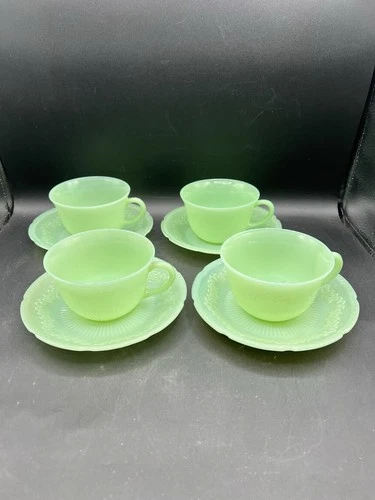 Vintage Fire King Alice Jadite Green Tea Cup & Saucer Set of 4 Anchor Hocking