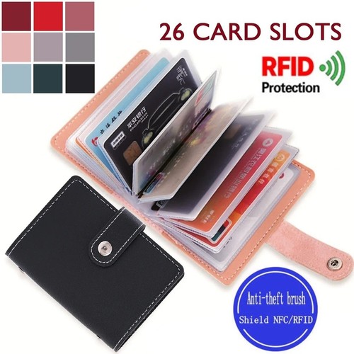 26 Slot Leather Credit Card Holder Wallet RFID Blocking ID Bank Card Case Unisex