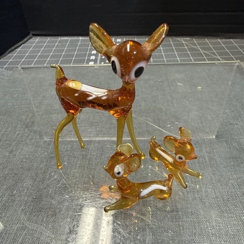 Vintage Murano hand-blown art glass deer miniature figurines, doe & fawns 3"