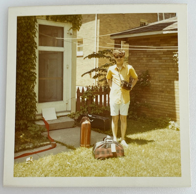 Vintage Photo Camera Wearing Young Man Posing Before Going On Journey W/Luggage