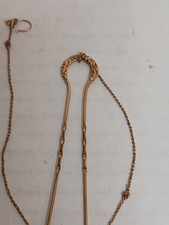 Antique Hair Pin 3" L Gold-tone Ornately Engraved  Attached 8" Eyeglass Chain