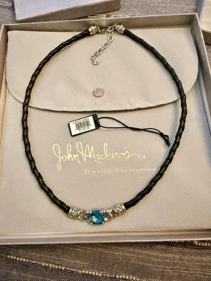 NUEVO Conjunto de Joyería de Colección John Medeiros Collar Pendientes Piedra Aqua Cuero Negro Foto 3 de 4