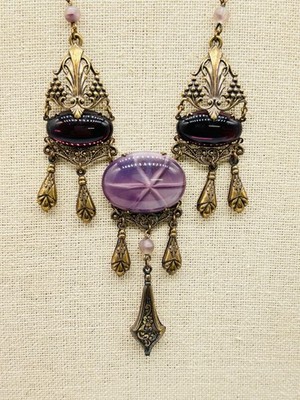 Vtg W. Germany? Czech? Purple Pink Cabochon Glass Flower Dangle Pendant Necklace