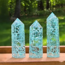 Blue Crackle Quartz Tower Point Meditation Obelisk Healing Crystal Glass Mineral