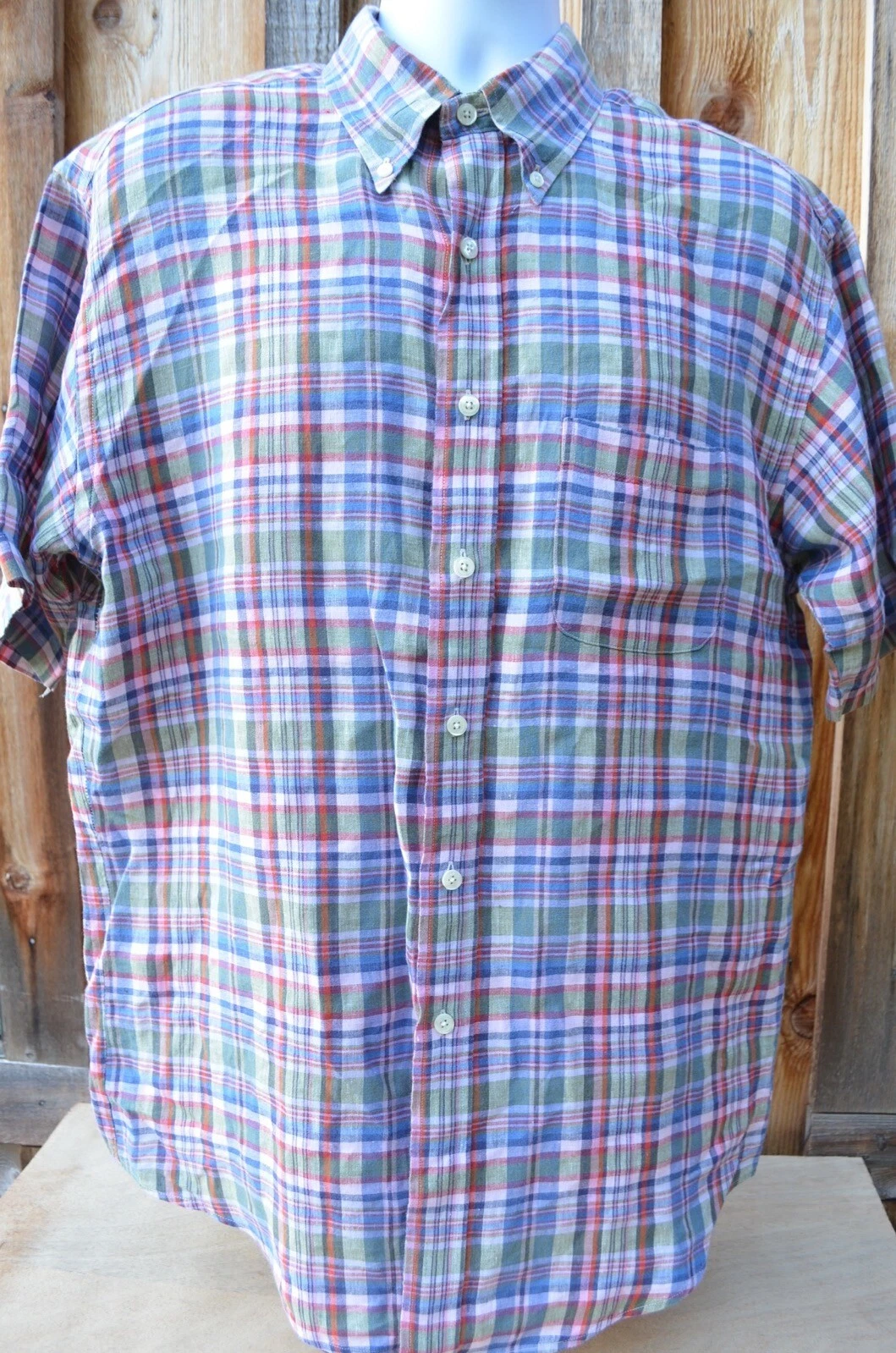 Brooks Brothers 346 Linen Shirt Short Sleeve Plaid LARGE
