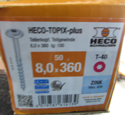 8mm x 360mm Long Heco Topix Plus Countersink Wood Screw T-40 Drive Qty 50