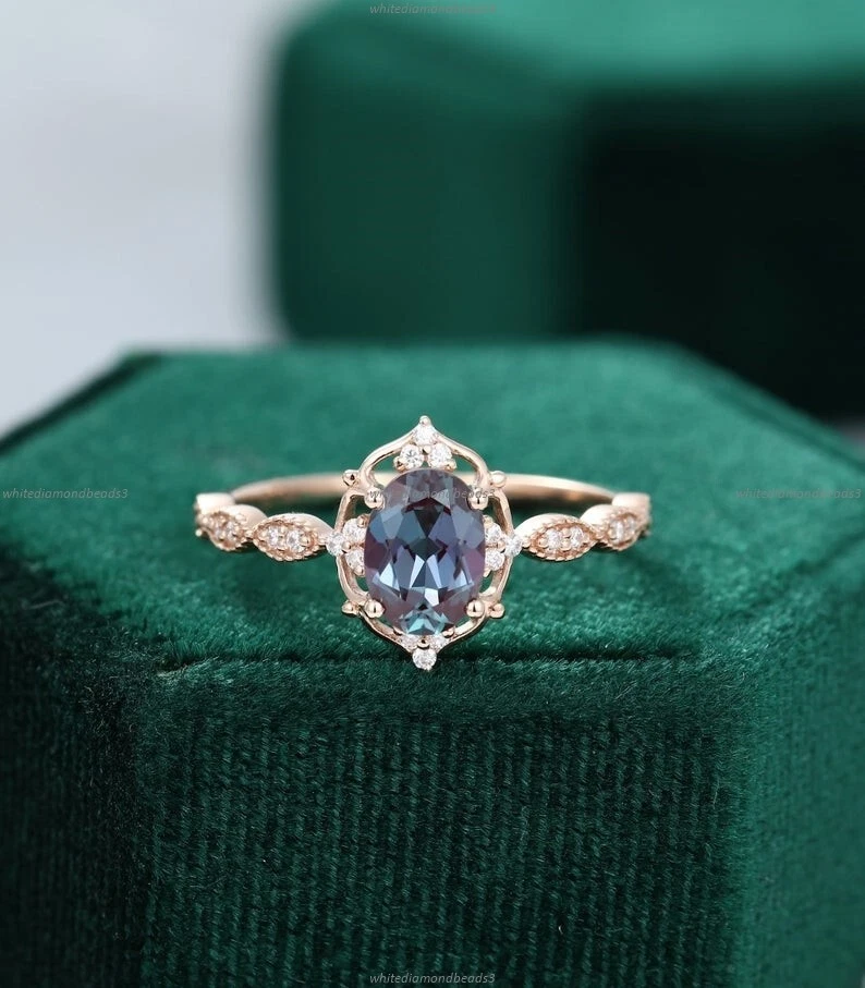 Anniversary Art Deco Fine Birthday Ring 14k Gold Alexandrite Moissanite Gemstone
