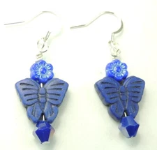 Navy Blue Howlite Butterfly Earrings Czech Flowers & Crystal Handmade Jewelry