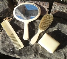 Antique Celluloid Vanity Set Brush Comb Mirror and Ring Box