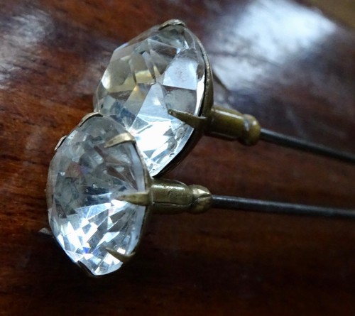 PAIR antique Victorian clear glass rhinestone top 8.7" long hat pin -Z55 - Picture 3 of 5