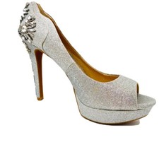 Gianni Bini Silver Rhinestones Shimmery Glitzy Platform Peep Toe Heels. Sz 8M.