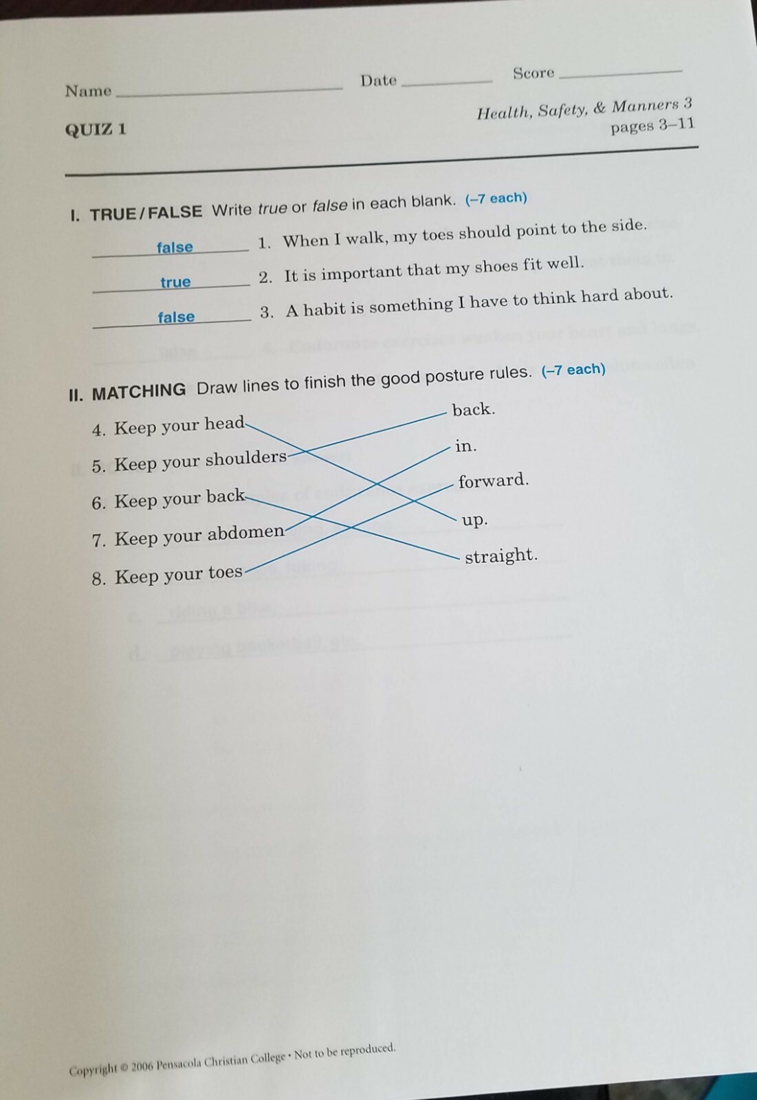 Health, Safety, & Manners 3 Quiz, Test, and Worksheet Key