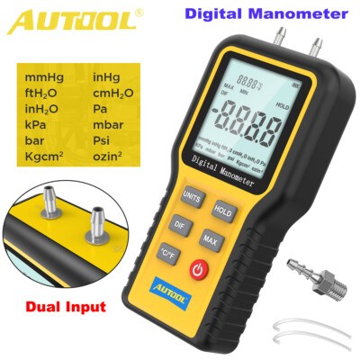 AUTOOL Digital LCD Manometer Dual Port Input Air Pressure Meter HVAC Gas Tester