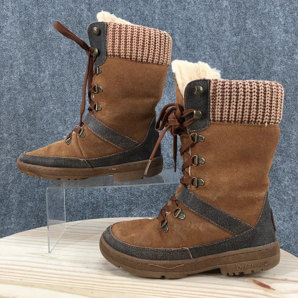 Bearpaw Boots Womens 7 Serena Lace Up Winter Mid Calf Brown Suede Sweater Cuff - Image 2 of 4