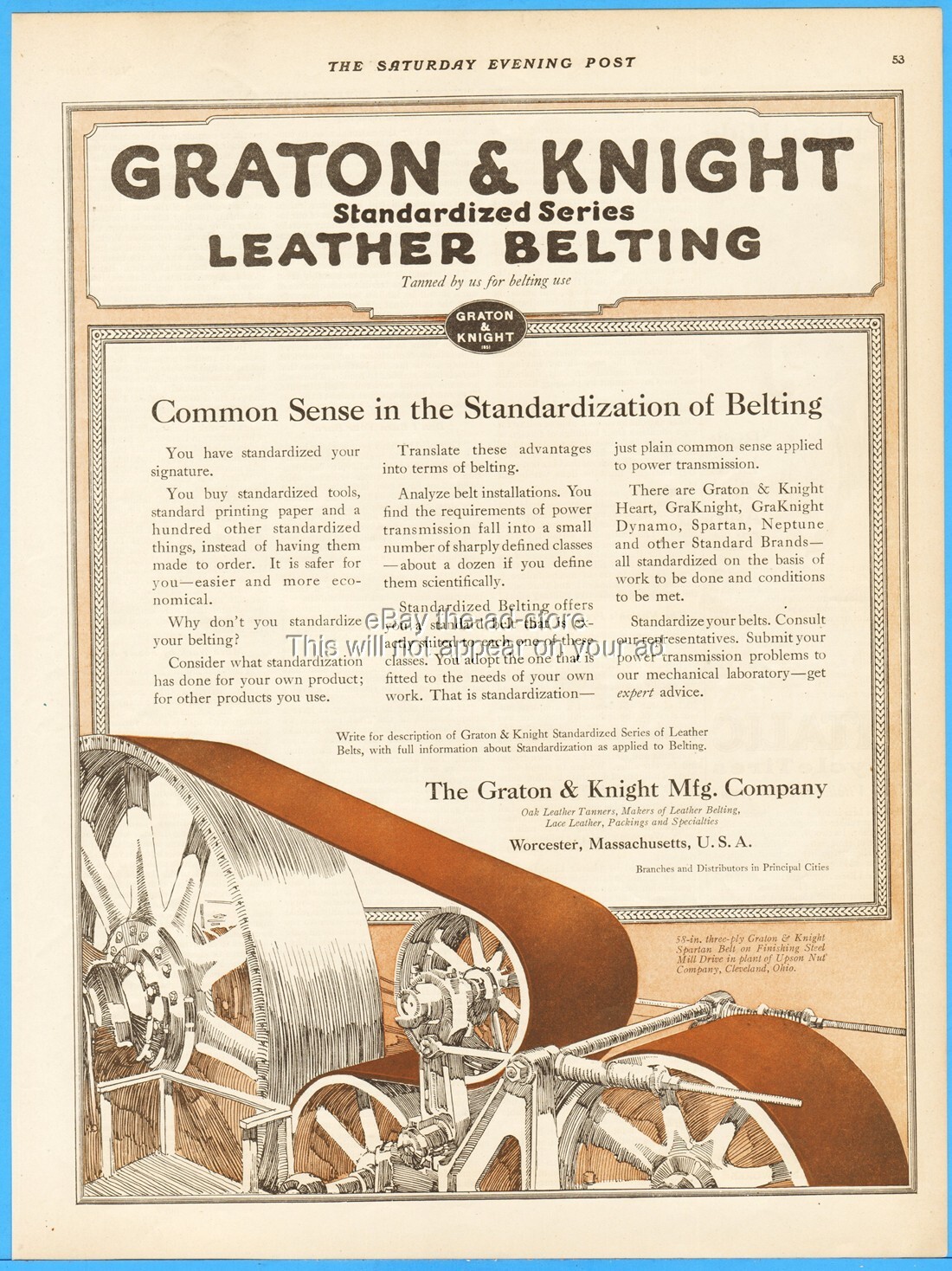 Graton & Knight Worcester MA Leather Machine Belt Upson Nut Co Cleveland  Ohio Ad | eBay