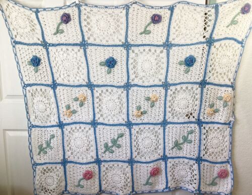 Vintage 3D Crochet Granny Square Afghan Rose Cottagecore 56”x70” Twin - Picture 1 of 9
