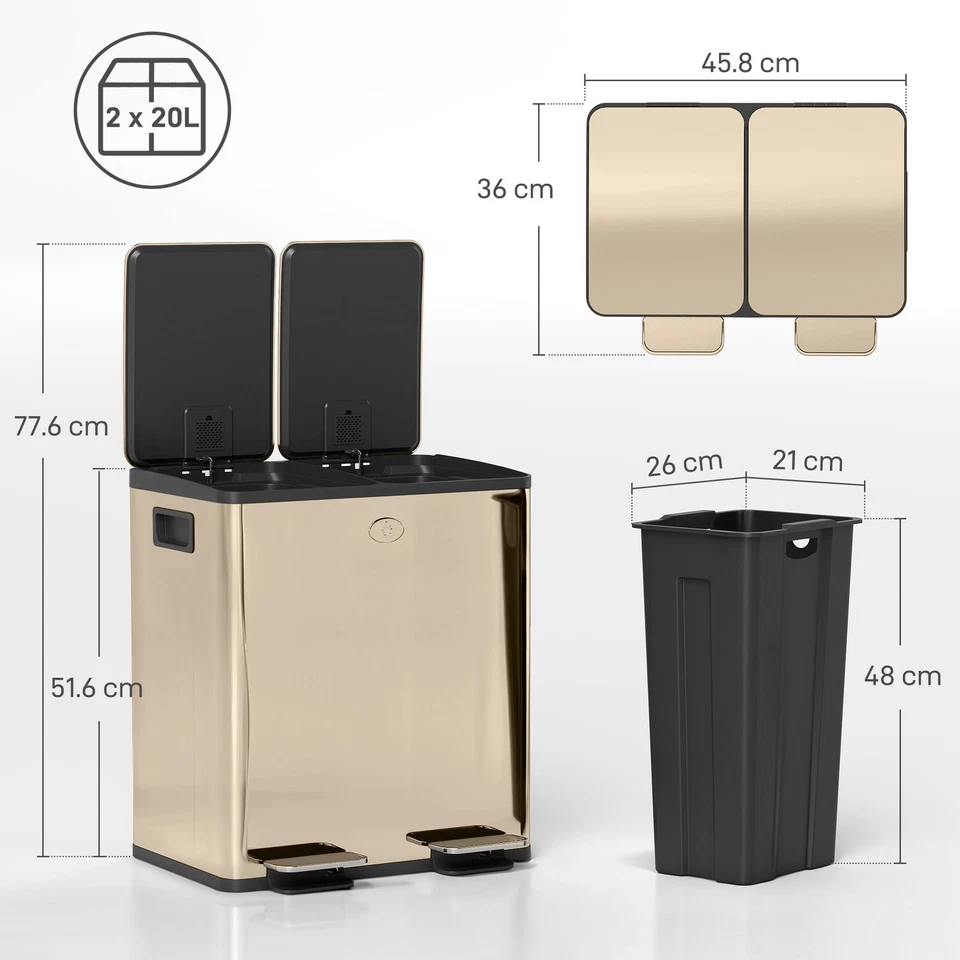 HOMCOM 2 x 20L Dual Rubbish Bin Pedal Bin for Recycling and Waste, Gold Tone - Image 3 of 4