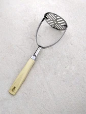 Vintage Ekco Potato Vegetable Masher White Handle 10" Stainless Steel Kitchen 