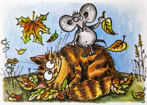 ACEO Cat Painting Mouse and kitty Autumn leaves Funny Original Watercolor Art