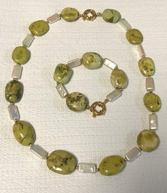 Chunky Lime Green Stone & Freshwater Pearl Necklace 22" & Bracelet 8"