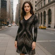 Carmen Marc Valvo Women's XS Knit Dress Black Beige Illusion Print Bodycon