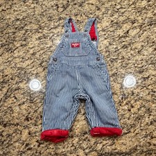 OshKosh Bgosh Baby Boys Blue White Hickory Stripe Red Lined Overalls 6M v