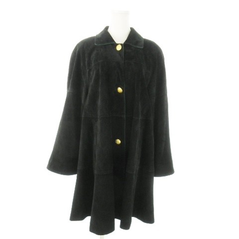 Marquis Black Suede Mid-Length Leather Coat with Button Collar Japan L