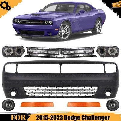 Front Bumper Cover Primed Plastic & Headlight Kit For 2015-2023 Dodge Challenger