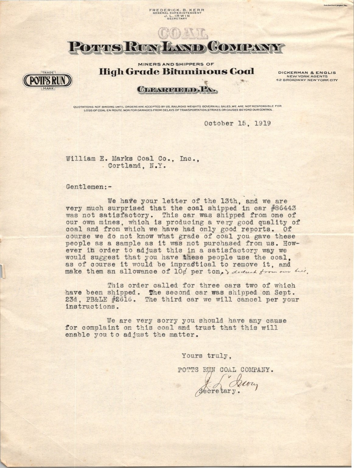 1919 Potts Run Land Co. Coal Company Letter Clearfield PA Ephemera