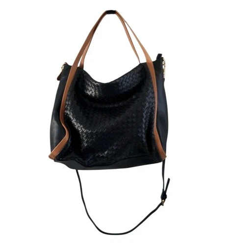 Giorgia Milani Black Leather Woven Shoulder Satchel Bag Brown Trim Made In Italy