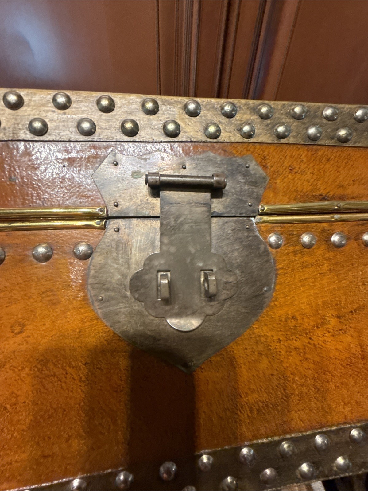 Vintage Faux Brown Camel Leather Trunk Chest Sudden Metal Corners 