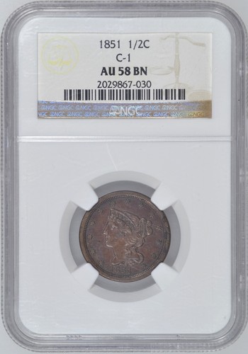 1851 BRAIDED HAIR HALF CENT NGC AU58 BN C-1 NICE COIN