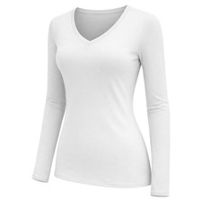 Womens V Neck Long Sleeve Plain T-Shirt Ladies Casual Basic Tee Top Slim Fit Top