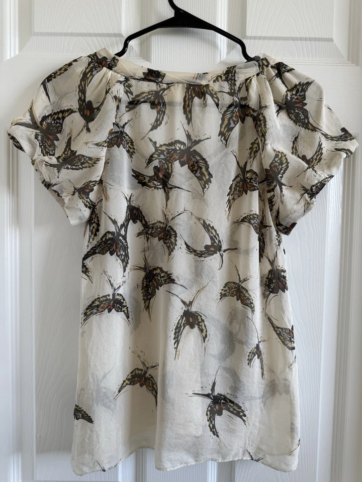 Antropologie Moulinette Soeurs Beige Beaded Birds 100% Silk Blouse Top Size 0 - Image 3 of 4