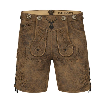 PAULGOS Herren Trachten Lederhose + Träger Echtes Leder, Kurz 2 Farben HK5 Antik - Bild 1 von 2