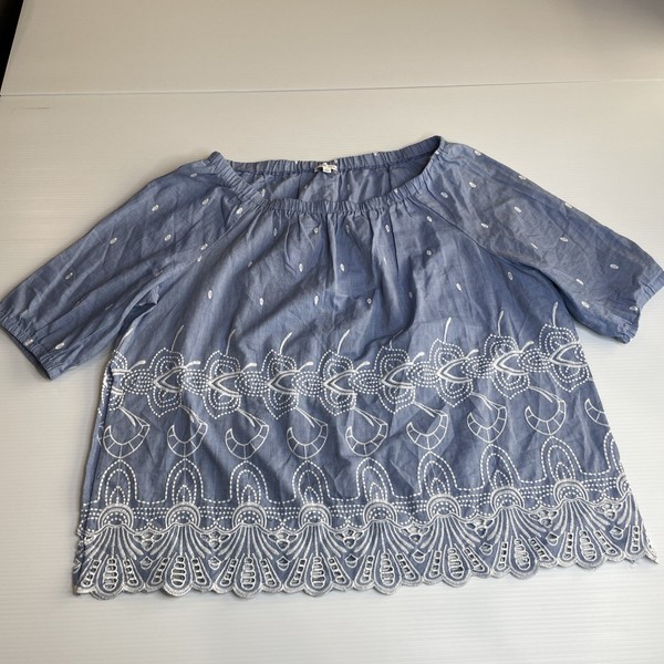 W Lane Off The Shoulder Blue Top Embroidered Short Sleeve Slit Sides
