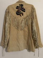 VTG Leather City Beaded Fringe Western Women  s L Jacket Suede Beige USA MADE