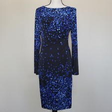 NWT Chaps M Long Sleeve Sheath Below Knee Boat Neck Ruched Dress Black Blue