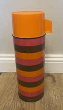 Vintage Aladdin Thermos Flask with Colourful Striped Pattern & Orange Lid 