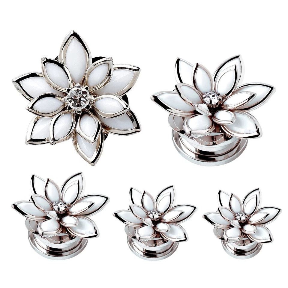 PAR de Enchufes Tornillos Flor Cristal Blanco Acero Inoxidable 316L Foto 2 de 4