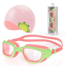 Kids Swim Goggles With Silicone Swim Cap Set Age 6-14 Anti-Fog Anti-UV Boys