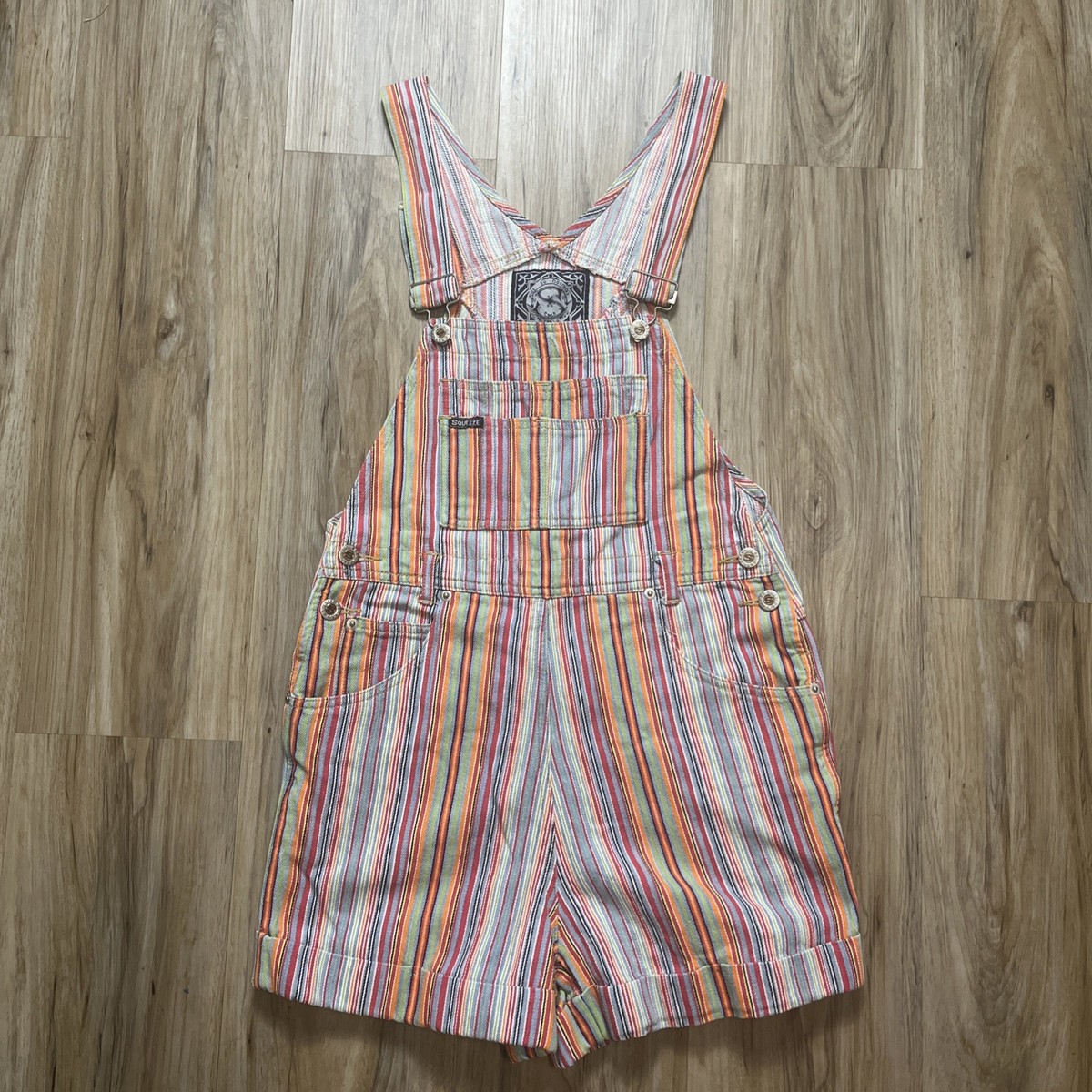 Vintage SQUEEZE Jeans Overall Shorts Medium Rainbow Pinstripes 90s  display picture 1