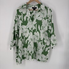 Tahari Womens Linen Tunic Top 1X Green Floral Beachy Coastal Resort Cruise