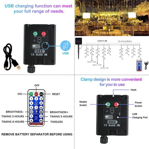 96 LED Solar Christmas Icicle Lights 8 Modes String Lights Xmas Wedding Decor - Picture 17 of 21