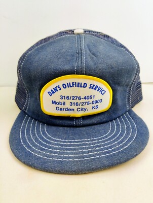 Vtg USA MADE DENIM Dan's Oil Service Patch Trucker Hat Snapback Cap Vintage