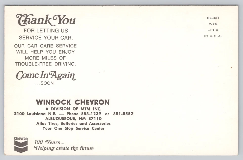 Albuquerque New Mexico, Winrock Chevron Auto Service Advertising, VTG Postcard - Image 2 of 2