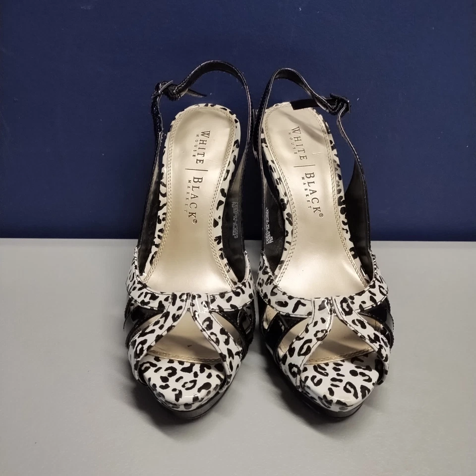 White House Black Market Kurt Slingback Heels Women 7M Black White Leopard Print - Image 2 of 4